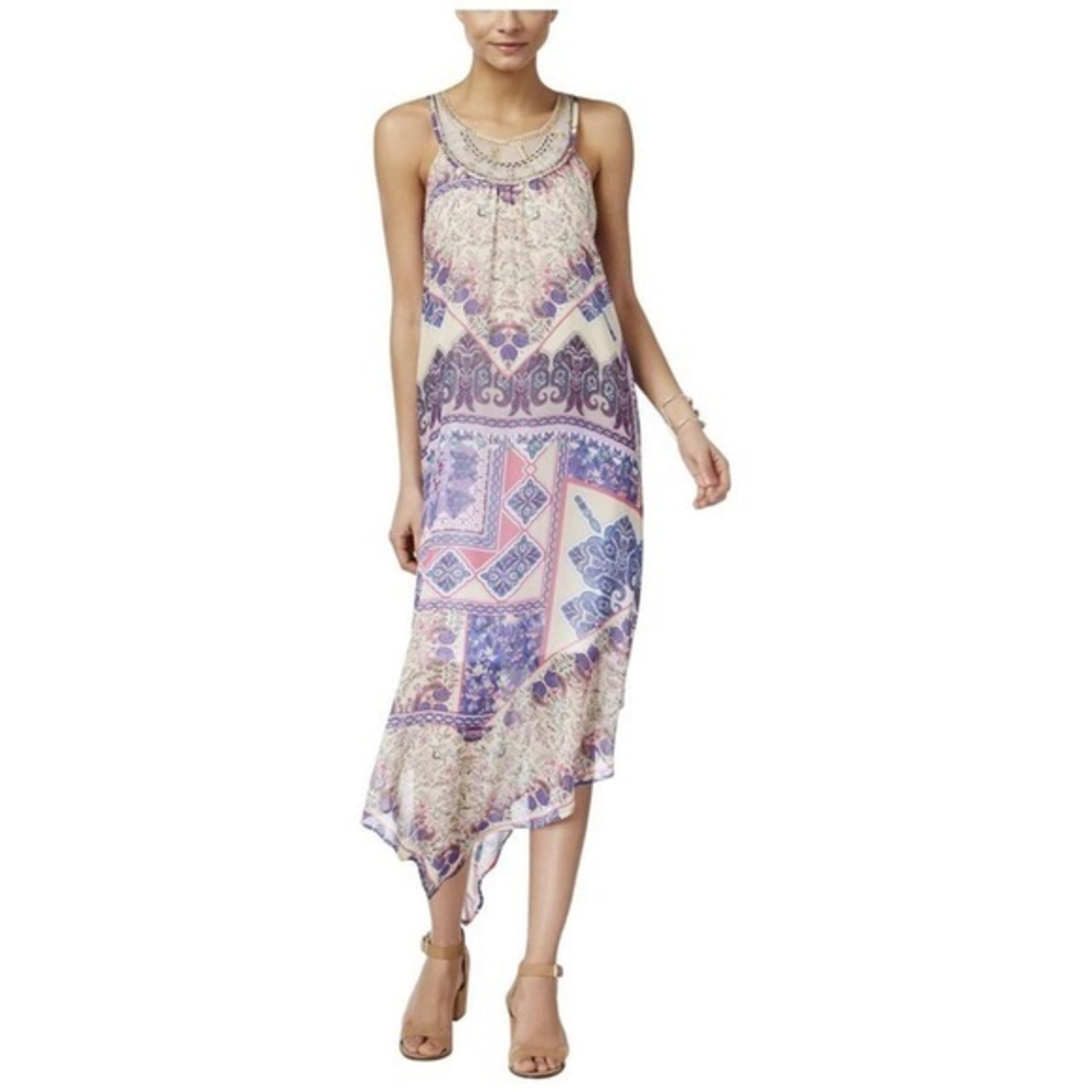 Beaded Neck Patchwork Paisley Handkerchief Hem Shift Dress Purple Pink #DB